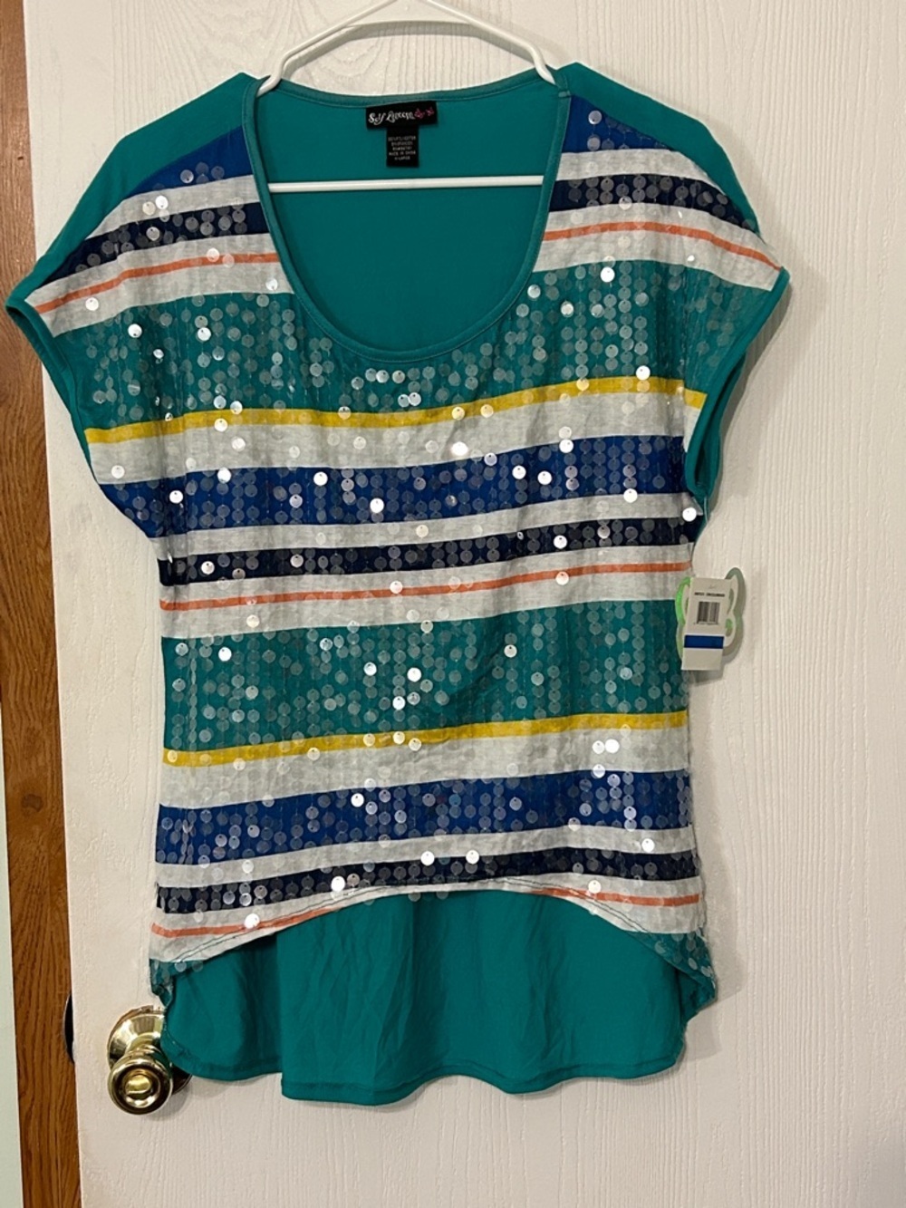 Self Esteem Striped Multicolor/Sequined Short Sleeve Top With High/Low Hem XL